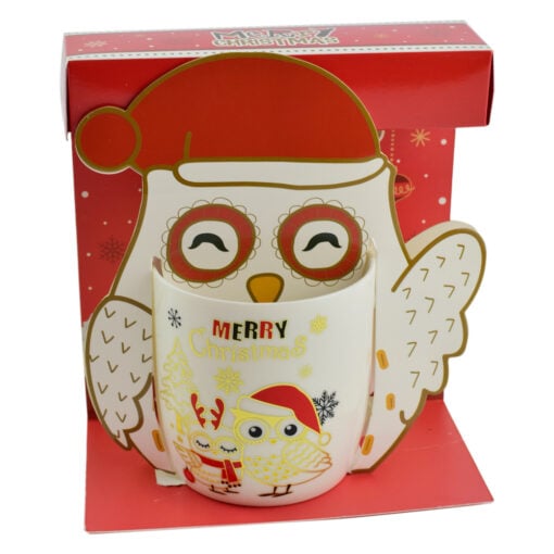 Cana de craciun realizata din ceramica in cutie - Design cu bufnite si inscriptia "Merry Christmas" - Diverse modele