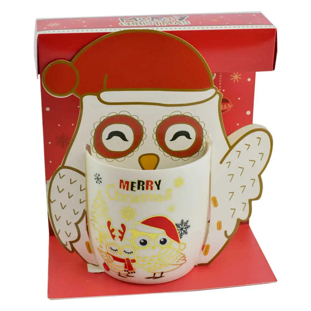 Cana de craciun realizata din ceramica in cutie - Design cu bufnite si inscriptia "Merry Christmas" - Diverse modele Cana de craciun realizata din ceramica in cutie - Design cu bufnite si inscriptia "Merry Christmas" - Diverse modele