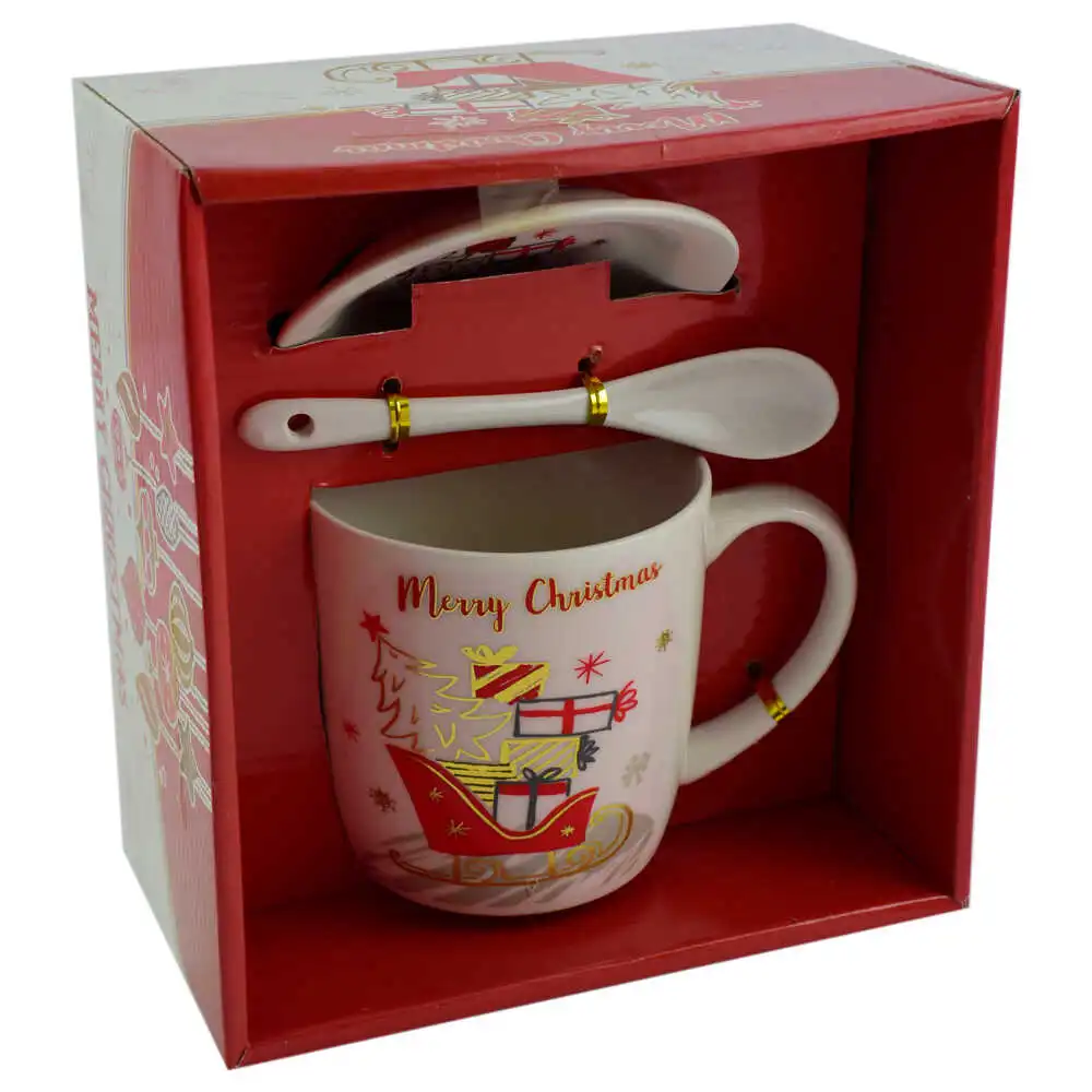 Set cana de craciun cu farfurie si lingura realizata din ceramica in cutie - Design Craciun - Diverse modele Set cana de craciun cu farfurie si lingura realizata din ceramica in cutie - Design Craciun - Diverse modele