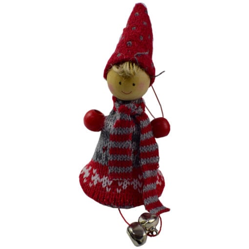 Figurina decorativa de agatat realizata din material textil si lemn pentru bradul de Craciun - Copil cu clopotel - Diverse modele