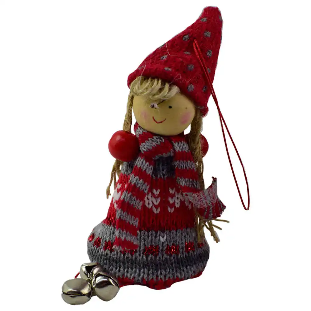 Figurina decorativa de agatat realizata din material textil si lemn pentru bradul de Craciun - Copil cu clopotel - Diverse modele Figurina decorativa de agatat realizata din material textil si lemn pentru bradul de Craciun - Copil cu clopotel - Diverse modele
