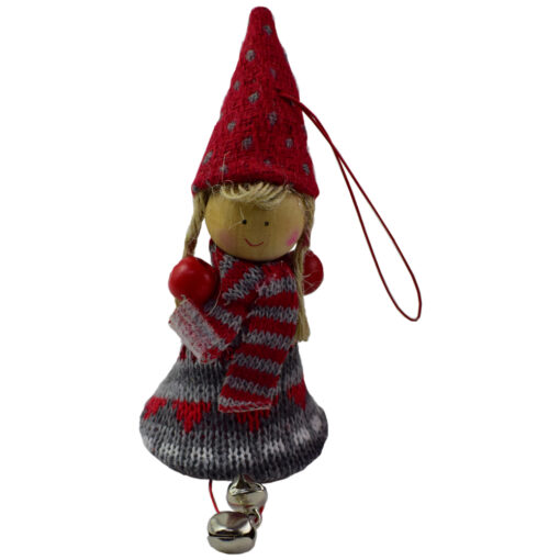 Figurina decorativa de agatat realizata din material textil si lemn pentru bradul de Craciun - Copil cu clopotel - Diverse modele