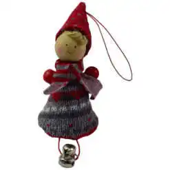 Figurina decorativa de agatat realizata din material textil si lemn pentru bradul de Craciun - Copil cu clopotel - Diverse modele