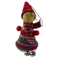 Figurina decorativa de agatat realizata din material textil si lemn pentru bradul de Craciun - Copil cu clopotel - Diverse modele