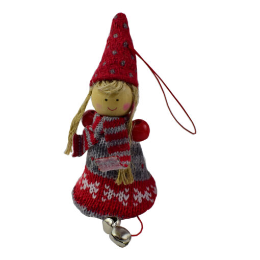 Figurina decorativa de agatat realizata din material textil si lemn pentru bradul de Craciun - Copil cu clopotel - Diverse modele