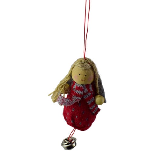 Figurina decorativa de agatat realizata din material textil si lemn pentru bradul de Craciun - Diverse modele cu clopotel