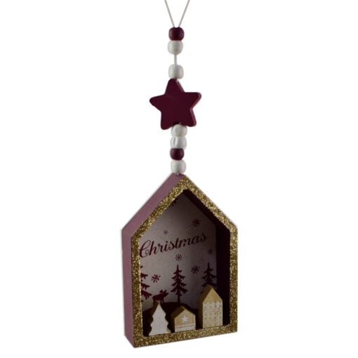 Decoratiune de agatat realizat din lemn in forma casuta pentru Craciun - Design cu inscriptia  "Christmas" - 2 modele
