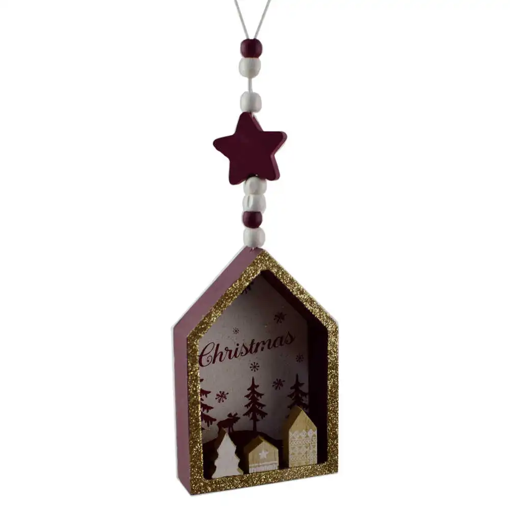 Decoratiune de agatat realizat din lemn in forma casuta pentru Craciun - Design cu inscriptia  "Christmas" - 2 modele