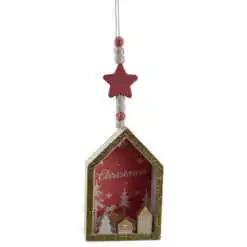 Decoratiune de agatat realizat din lemn in forma casuta pentru Craciun - Design cu inscriptia