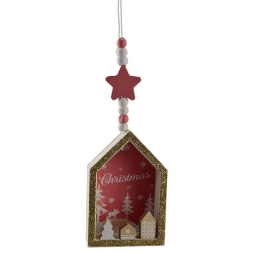 Decoratiune de agatat realizat din lemn in forma casuta pentru Craciun - Design cu inscriptia  "Christmas" - 2 modele