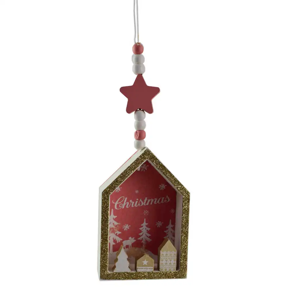 Decoratiune de agatat realizat din lemn in forma casuta pentru Craciun - Design cu inscriptia  "Christmas" - 2 modele