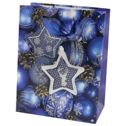 Punga cadou Craciun din hartie 18x23 CM - Bleumarin/Globuri de brad
