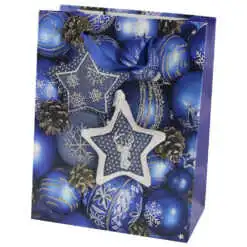Punga cadou Craciun din hartie 18x23 CM - Bleumarin/Globuri de brad