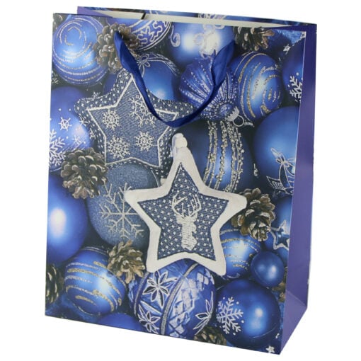 Punga cadou Craciun din hartie 26x32 CM - Bleumarin/Globuri de brad