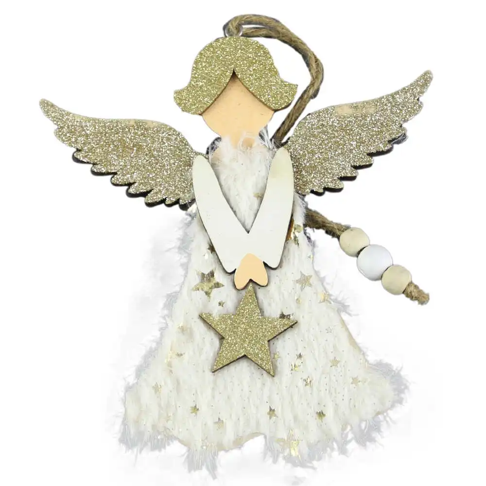 Ornament de brad din lemn Inger cu glitter 16 CM