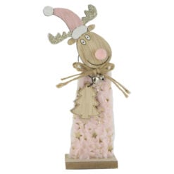Figurina Craciun Ren din lemn cu brad 22 CM - Roz