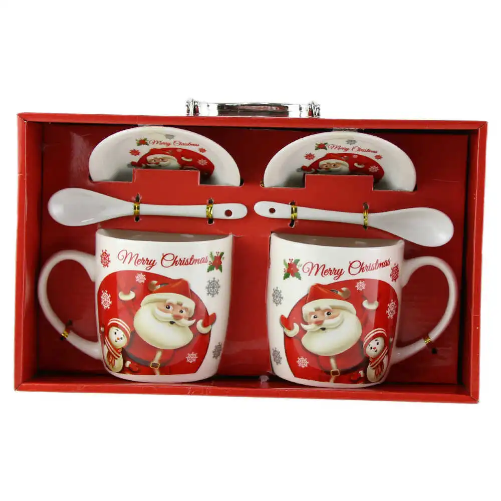 Set 2 cani cu farfurii si lingurite din ceramica ?Warm Wishes?- Mos Craciun