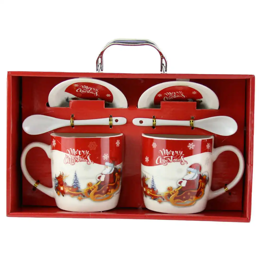 Set 2 cani cu farfurii si lingurite din ceramica ?Merry Christmas?- Mos Craciun pe sanie