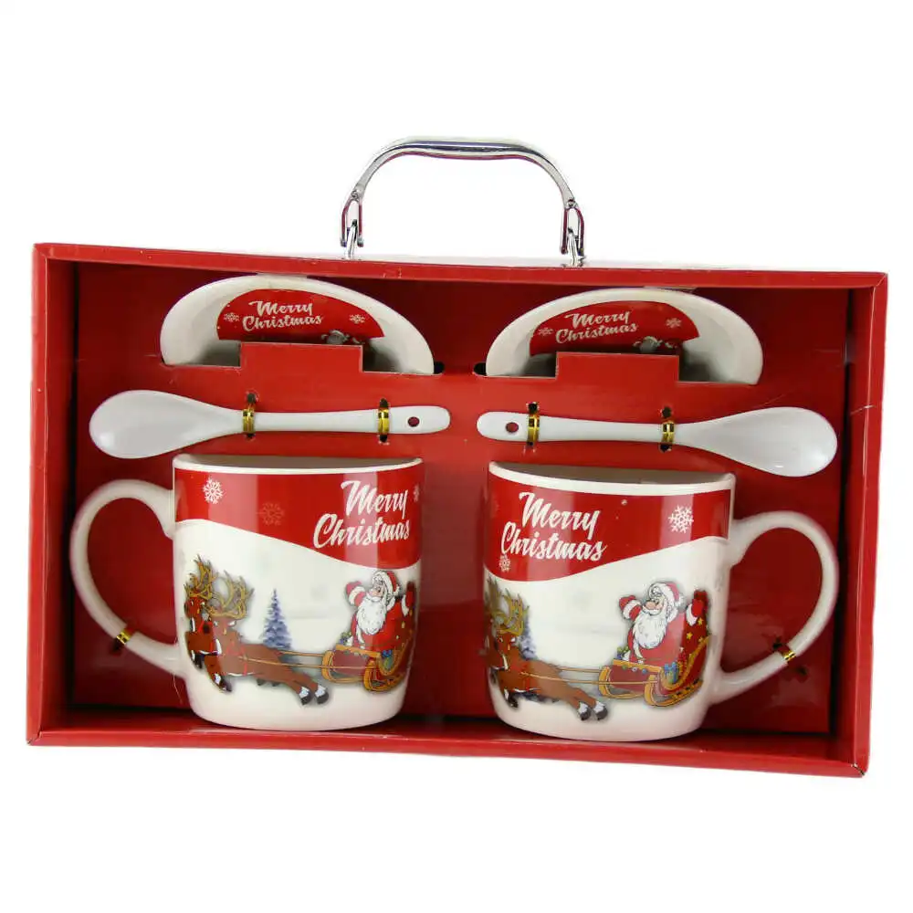 Set 2 cani cu farfurii si lingurite din ceramica ?Merry Christmas?- Mos Craciun pe sanie