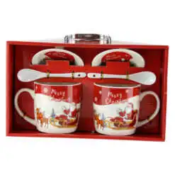 Set 2 cani cu farfurii si lingurite din ceramica ?Merry Christmas?- Mos Craciun pe sanie