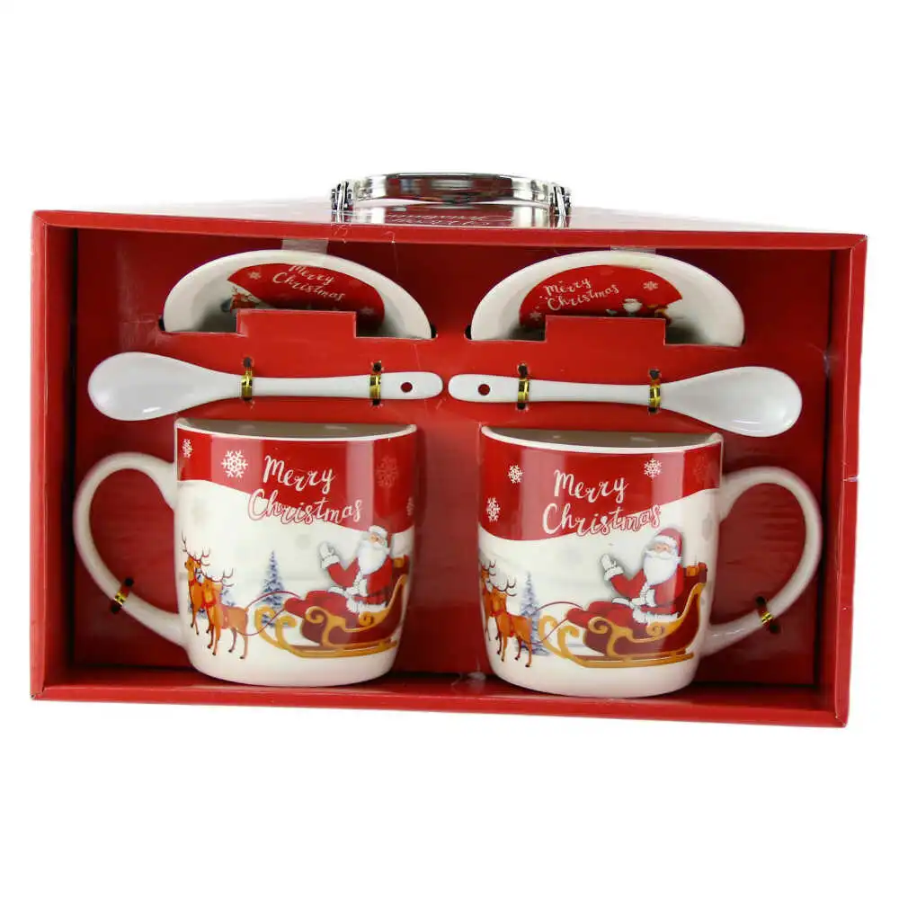 Set 2 cani cu farfurii si lingurite din ceramica ?Merry Christmas?- Mos Craciun pe sanie