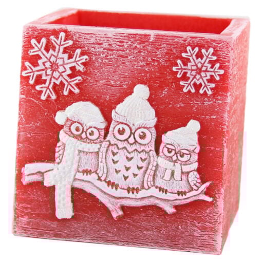 Lumanare de Craciun tip lampion cu bufnite 11x11 CM - Winter Owl Red