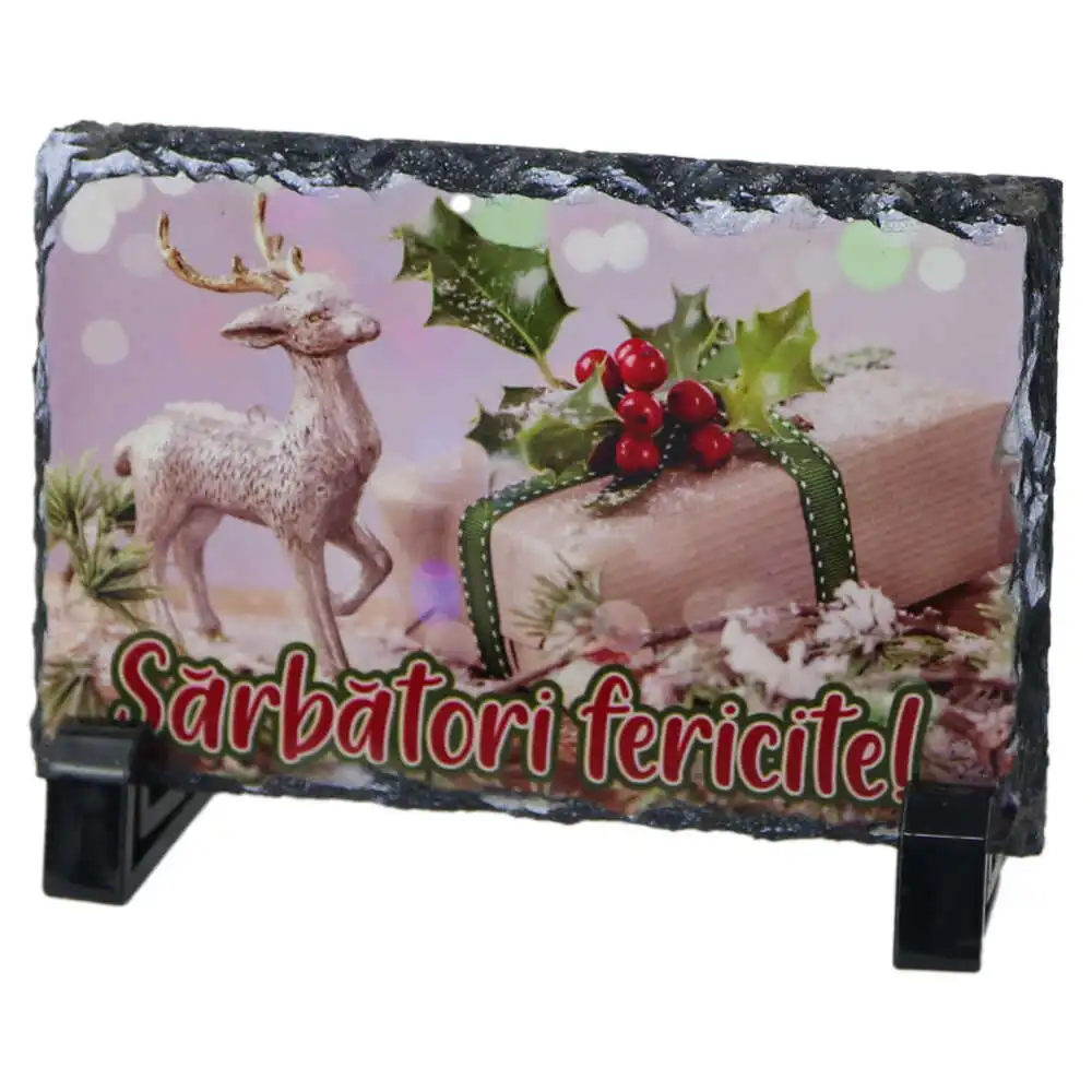 Placa ardezie "Sarbatori Fericite!" 14x9 CM Placa ardezie "Sarbatori Fericite!" 14x9 CM