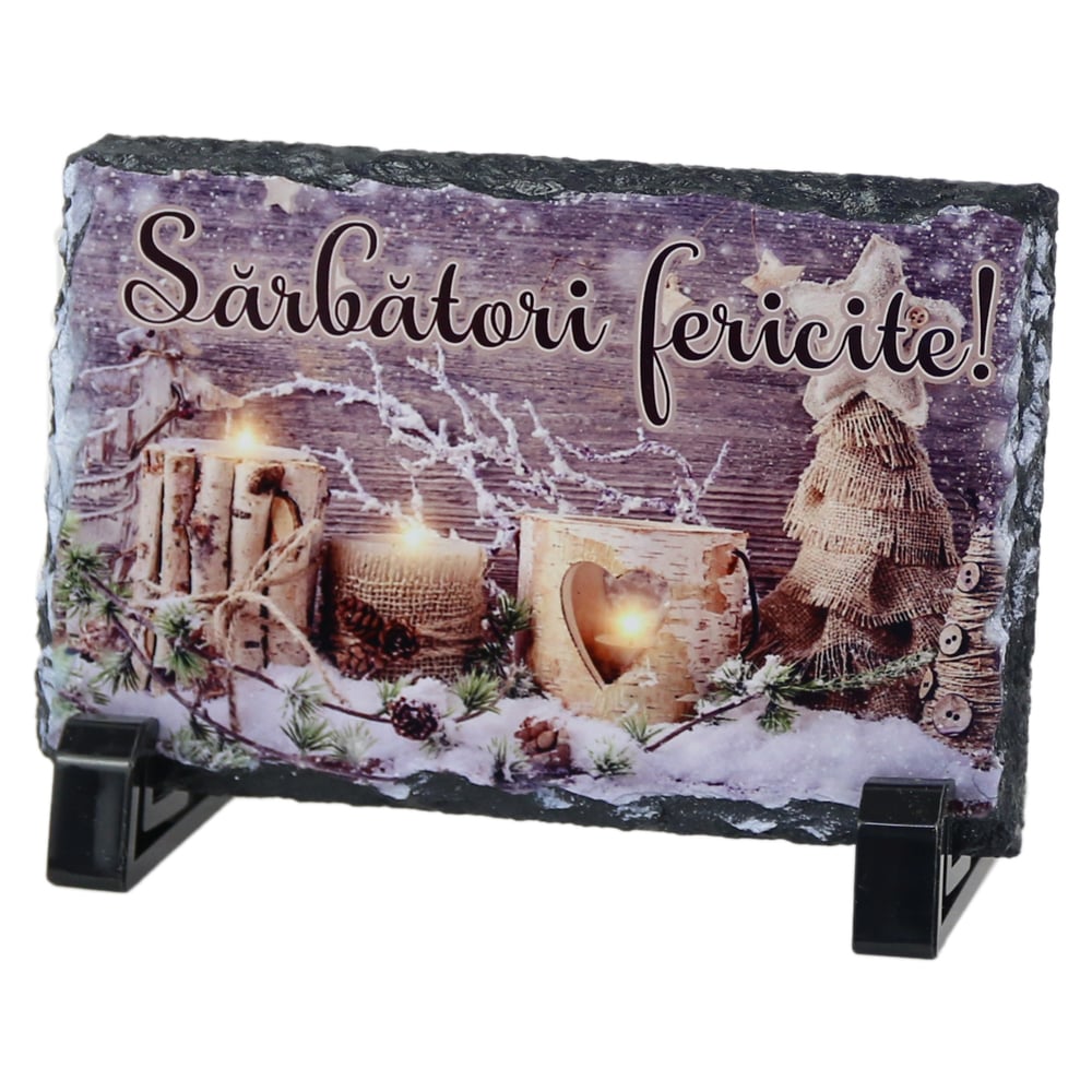Placa ardezie "Sarbatori Fericite!" 14x9 CM Placa ardezie "Sarbatori Fericite!" 14x9 CM