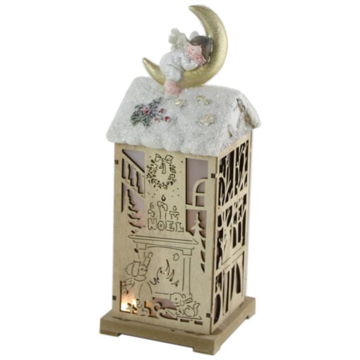 Felinar din lemn cu led si Ingeras pe Luna 13x32 CM