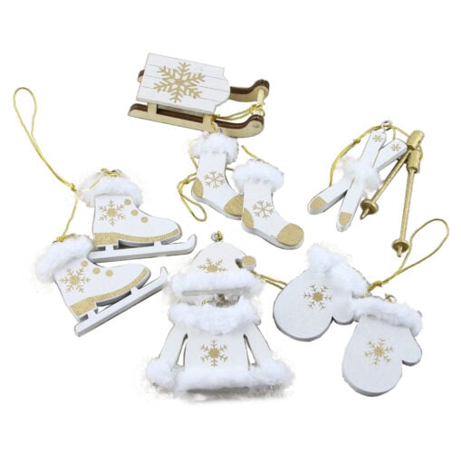 Set 6 decor Craciun din lemn cu agatatoare 5 CM