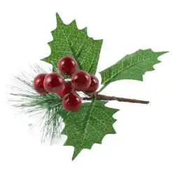 Pick decor cu bobite rosii si frunze 16 CM