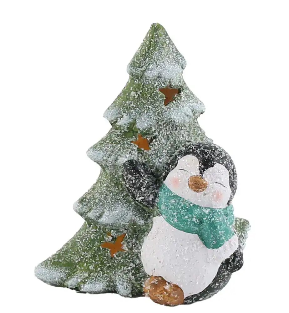Figurina Pinguin din ceramica cu brad si led Figurina Pinguin din ceramica cu brad si led