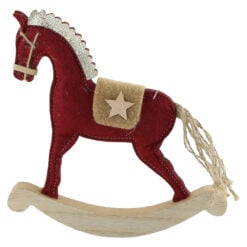 Decoratiune Craciun Cal balansoar din lemn si pasla 22 CM