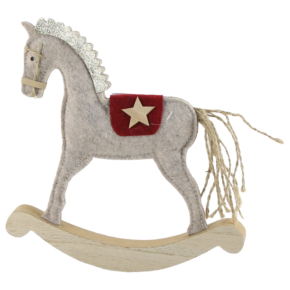 Decoratiune Craciun Cal balansoar din lemn si pasla 22 CM Decoratiune Craciun Cal balansoar din lemn si pasla 22 CM