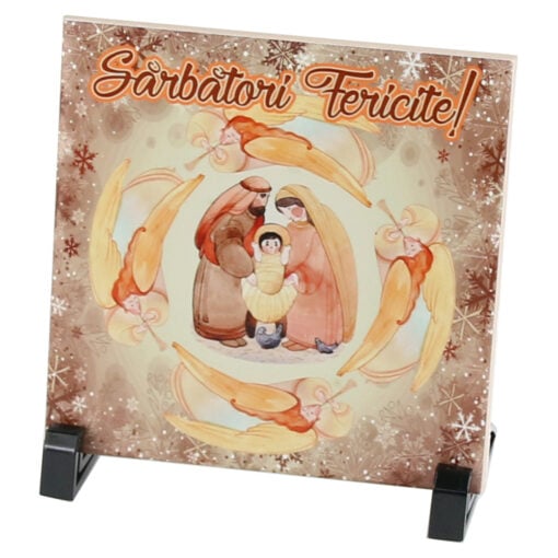 Placa decorativa Sfanta Familie "Sarbatori Fericite" 15x15 CM