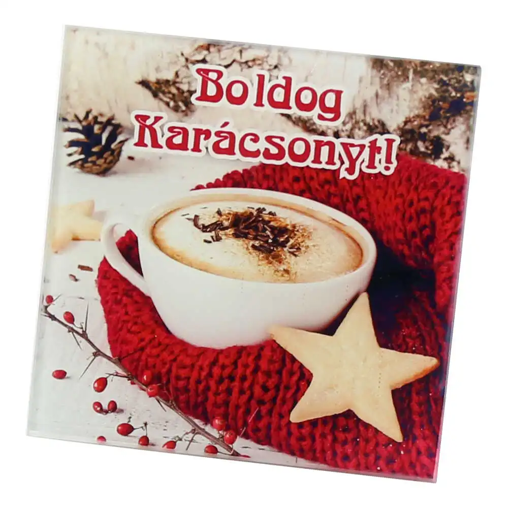 Suport pahar din sticla "Boldog Karacsonyt" 10x10 CM