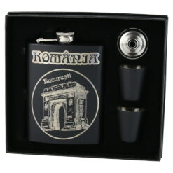 Set cadou "Romania"  Plosca gravata cu palnie si 2 pahare