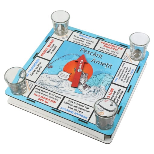 Joc de baut cu 4 pahare shot "Pescarit Ametit" 25x25 CM