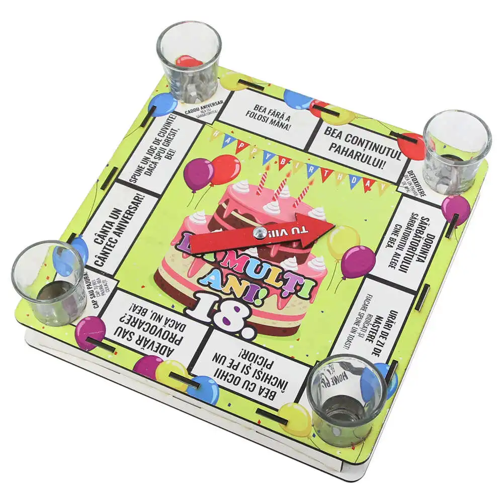 Joc de baut cu 4 pahare shot "La multi ani!" 25x25 CM