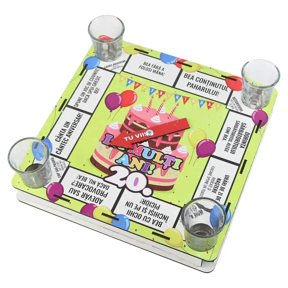 Joc de baut cu 4 pahare shot "La multi ani!" 25x25 CM