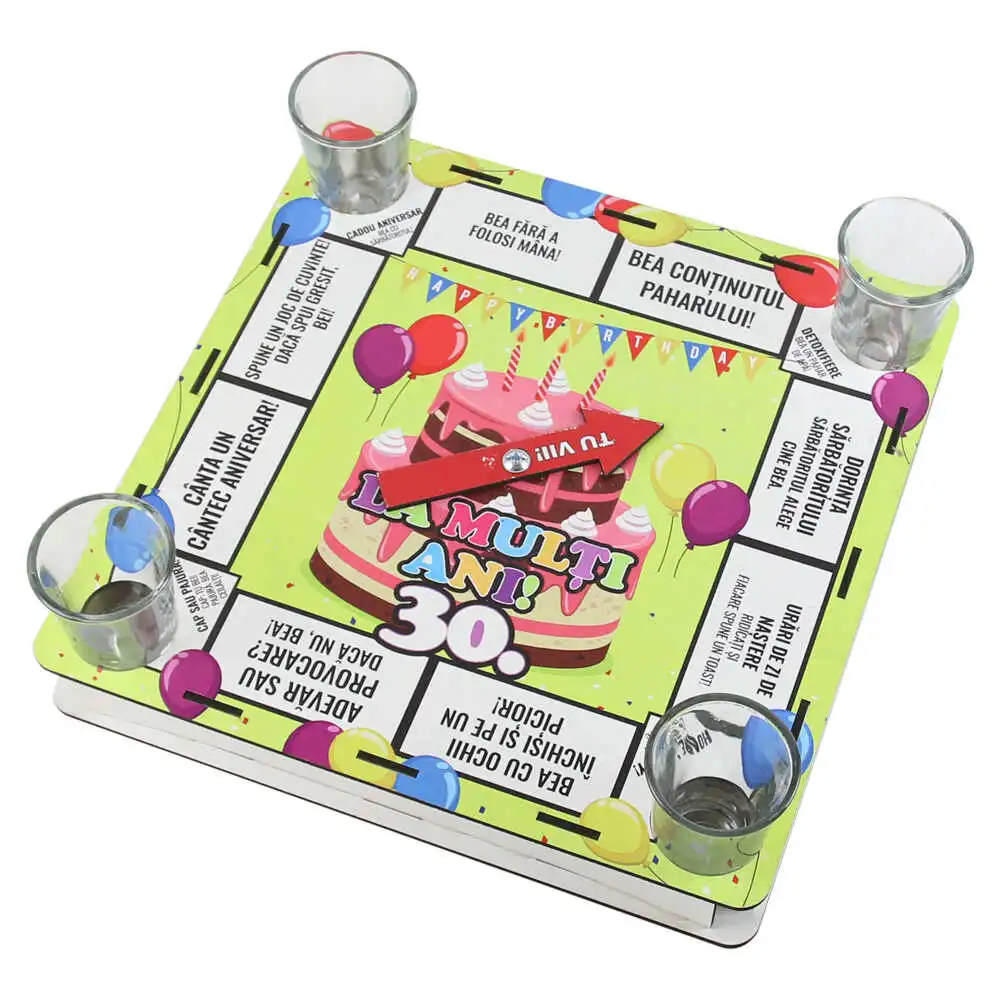 Joc de baut cu 4 pahare shot "La multi ani!" 25x25 CM