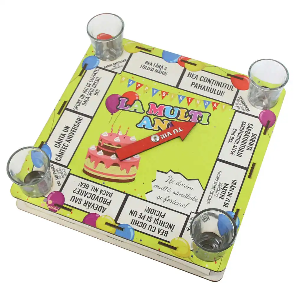Joc de baut cu 4 pahare shot "La multi ani!" 25x25 CM