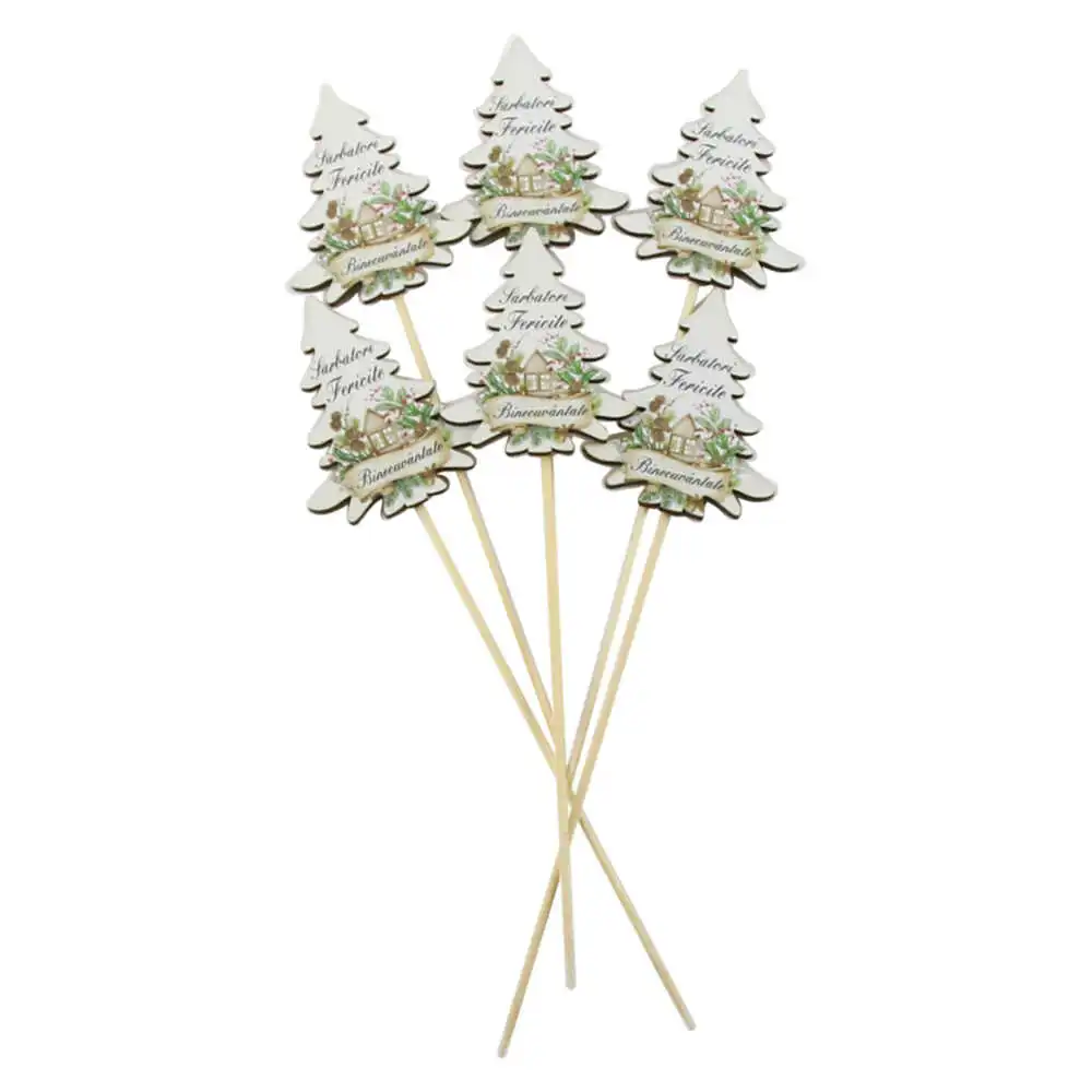 Set 6 Pick decor Brad de craciun "Sarbatori Fericite Binecuvantate" 6x24 CM Set 6 Pick decor Brad de craciun "Sarbatori Fericite Binecuvantate" 6x24 CM
