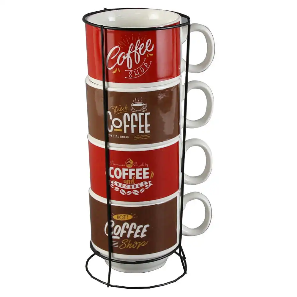 Set 4 cesti din ceramica cu suport metalic "Coffee"