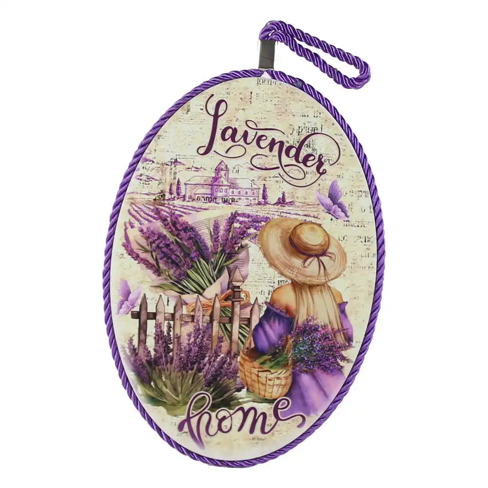 Decor de perete oval din ceramica "Lavender Home" 13 x 19 cm Fata cu lavanda