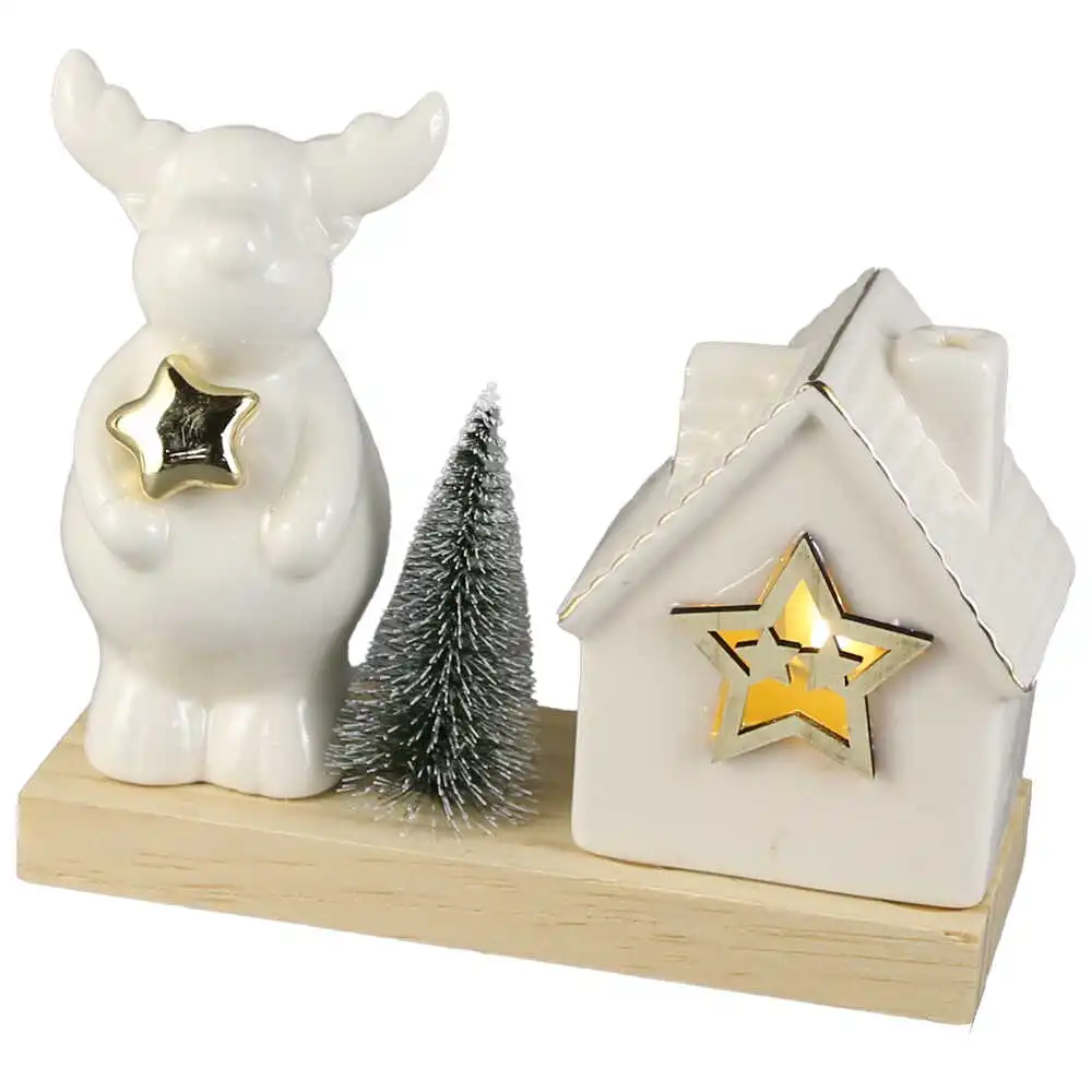 Decoratiune Craciun din ceramica cu ren si casuta Decoratiune Craciun din ceramica cu ren si casuta