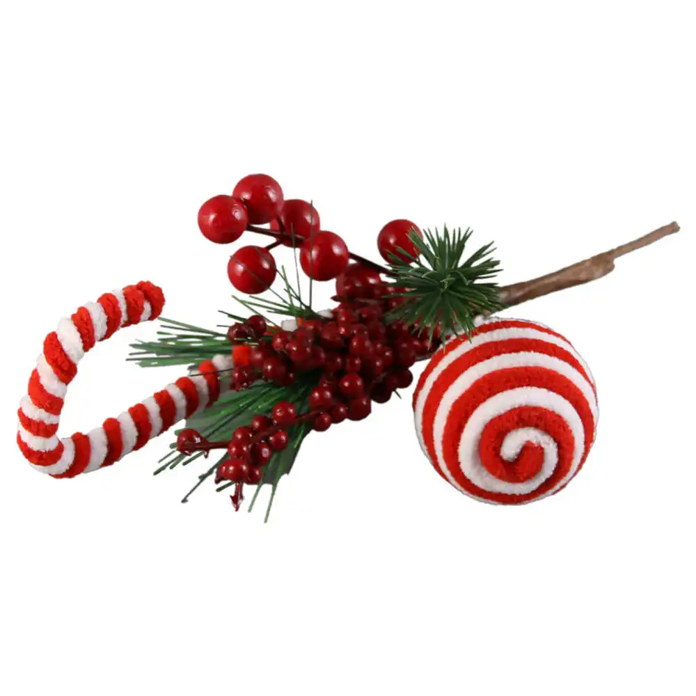 Pick creanga cu bobite rosii si candy cane Pick creanga cu bobite rosii si candy cane