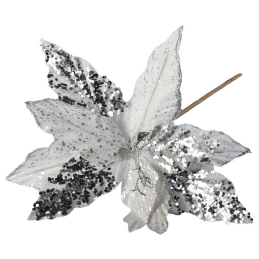 Pick Floare Craciunita argintie cu slcipici 25 CM