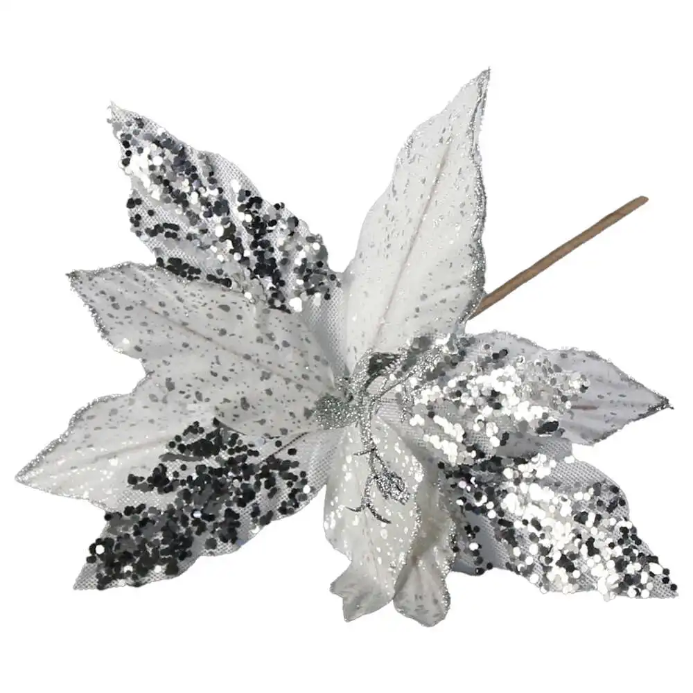 Pick Floare Craciunita argintie cu slcipici 25 CM Pick Floare Craciunita argintie cu slcipici 25 CM