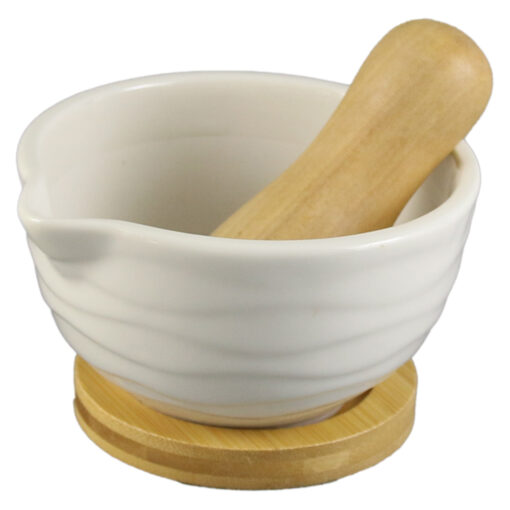Mojar din ceramica cu suport si pistil bambus